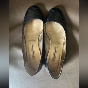 manolo blahnik snake skin black flat shoes